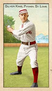 An old-timey baseball card of pitcher Silver King, depicted here during his time with the St. Louis franchise